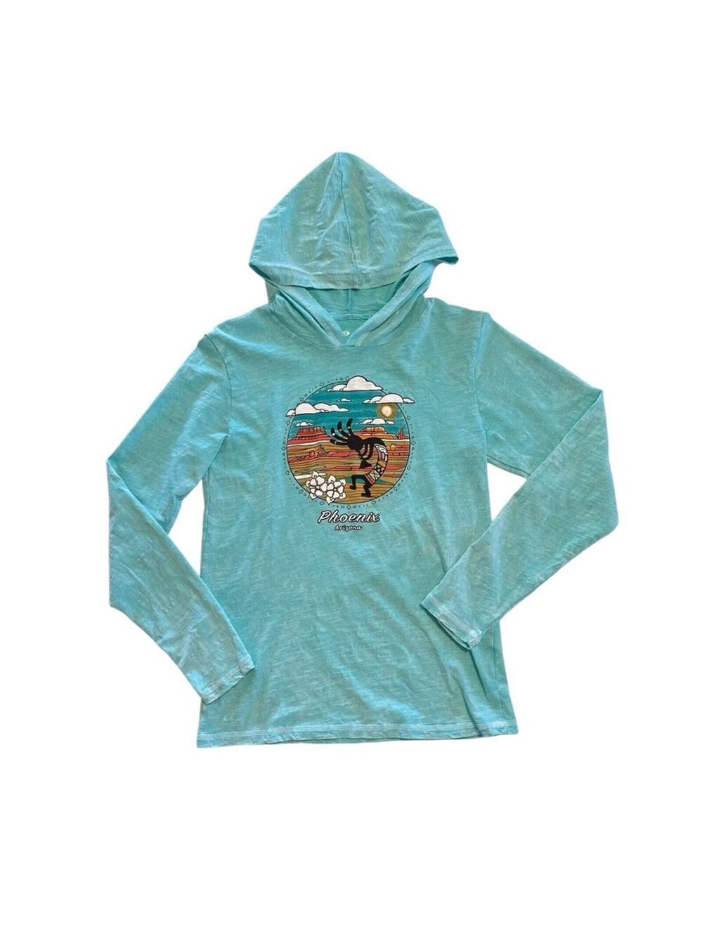 Phoenix AZ Aztec Hoodie Tee Shirt Womens Small Crew Neck Sea Blue Green
